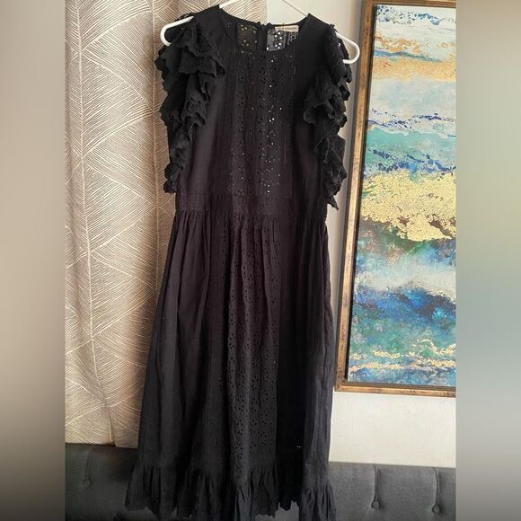 Ulla Johnson Bea Black  Midi Dress Embroidered  Ruffles Sleeve Sz 8 NWT - Picture 5 of 17